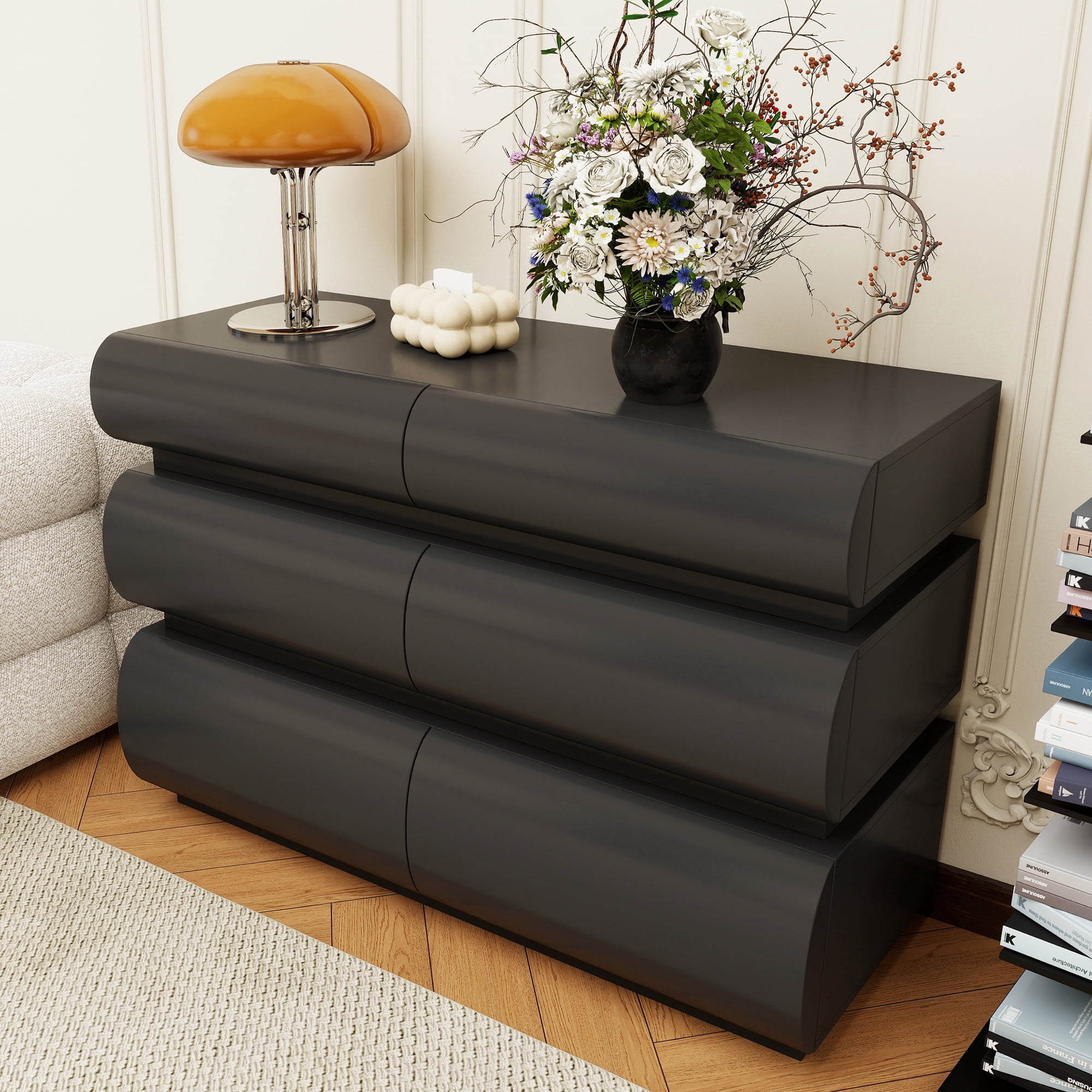 HIUU Modern dressers & chests of drawers with 6 Drawers,Dresser Cabinet Clothes Storage for Bedroom, Wooden Cabinet Dressers Drawers with Spacious Tabletop,Black