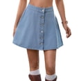 thumbnail image 2 of Womens Washed Denim Button Front Short Flared Skirt A Line Mini Skirt Casual High Waist Light Blue S, 2 of 10