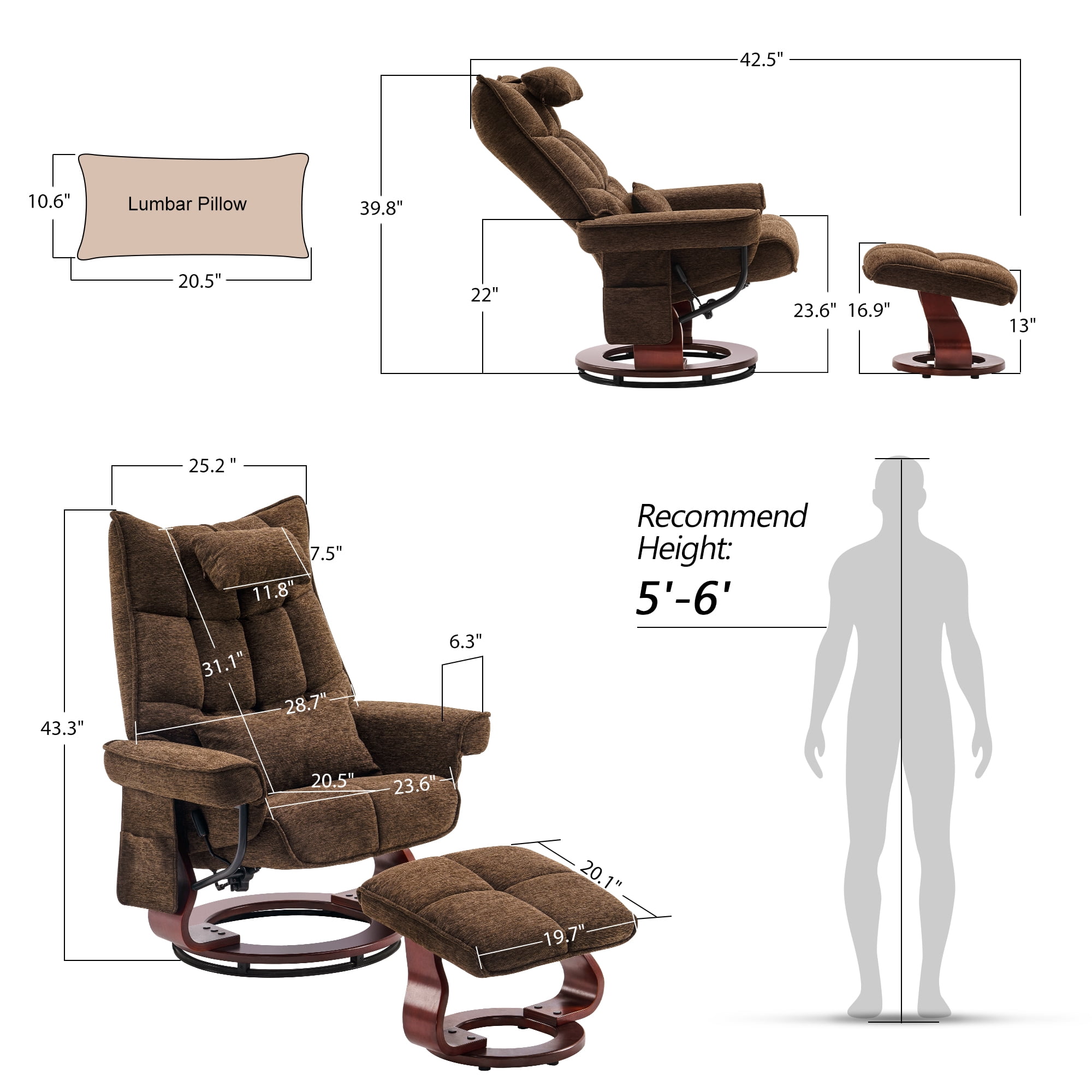 Mcombo Swivel Recliner with Ottoman, Massage TV Chairs with Neck Pillow and Side Pocket for Living Reading Room, Chenille Fabric 4188