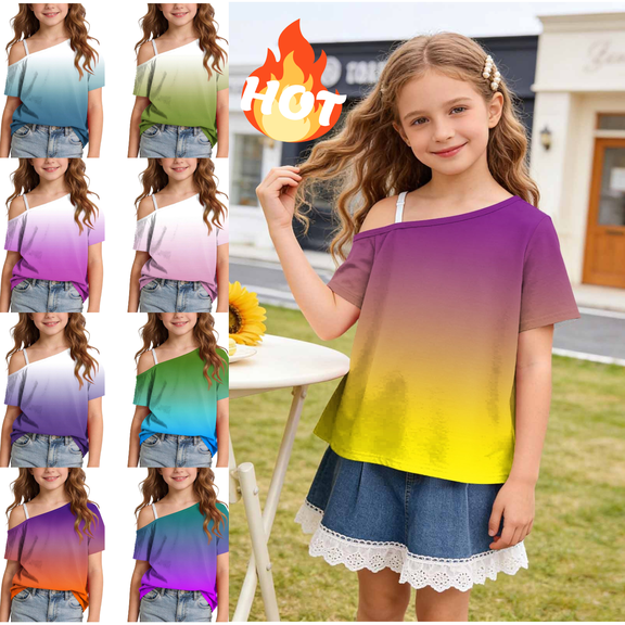 Mifsaly Girls Cold Shoulder Gradient Tops Kids Flattering Short Sleeve T-Shirts Soft Comfortable Casual Summer Tee Blouse