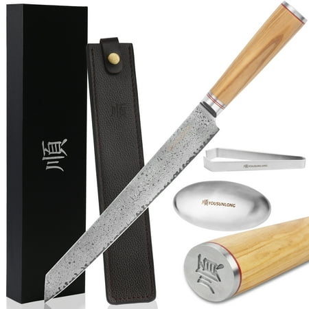 

YOUSUNLONG Sujihiki Knife 11 - Japanese Fillet Knives - Hammered Damascus Steel Ultimate Slicing Knife - Italian Olive wood Handle With Leather Sheath - Slicer Meat Sushi Sashimi