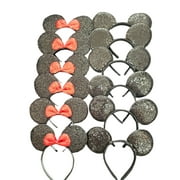 Set of 12 Minnie Ears, Disney Ears, Mickey Ears, Disney Theme Party, Boys and Girls One Size Fits All (6 Black w/Red Bow & 6 Black Sequin)