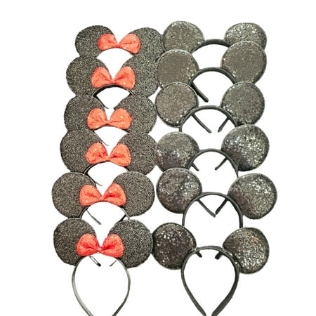 Set of 12 Minnie Ears, Disney Ears, Mickey Ears, Disney Theme Party, Boys and Girls One Size Fits All (6 Black w/Red Bow & 6 Black Sequin)