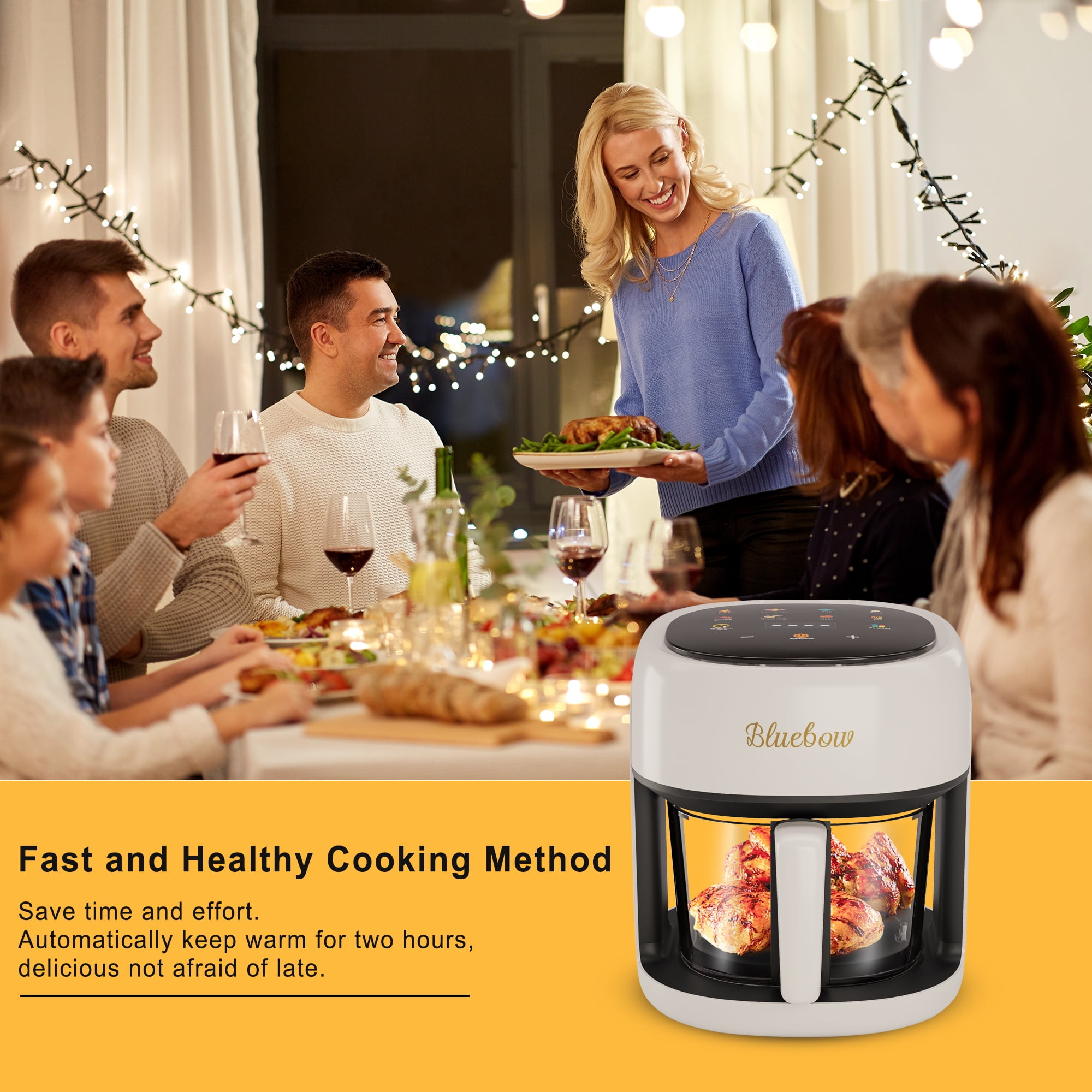 Bluebow 5 Quart Air Fryer with 360° Viewing Glass Pot, 8-in-1 Digital Touchscreen, Nonstick & Dishwasher Safe Basket, Less Oil, 1350W (White)