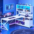 thumbnail image 2 of Modern L Shaped Computer Desk with 2 Drawers, Open Storage Shelves and Glass Cabinet, Corner Office Desk with LED Lights for Home Office, Living Room, Bedroom, 2 of 7