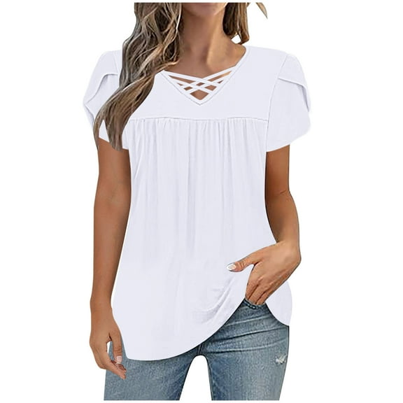 Jalioing Short Sleeve Shirts for Women Pleated Cross V Neck Trendy Tops Flowy Loose Summer Tunic Blouses