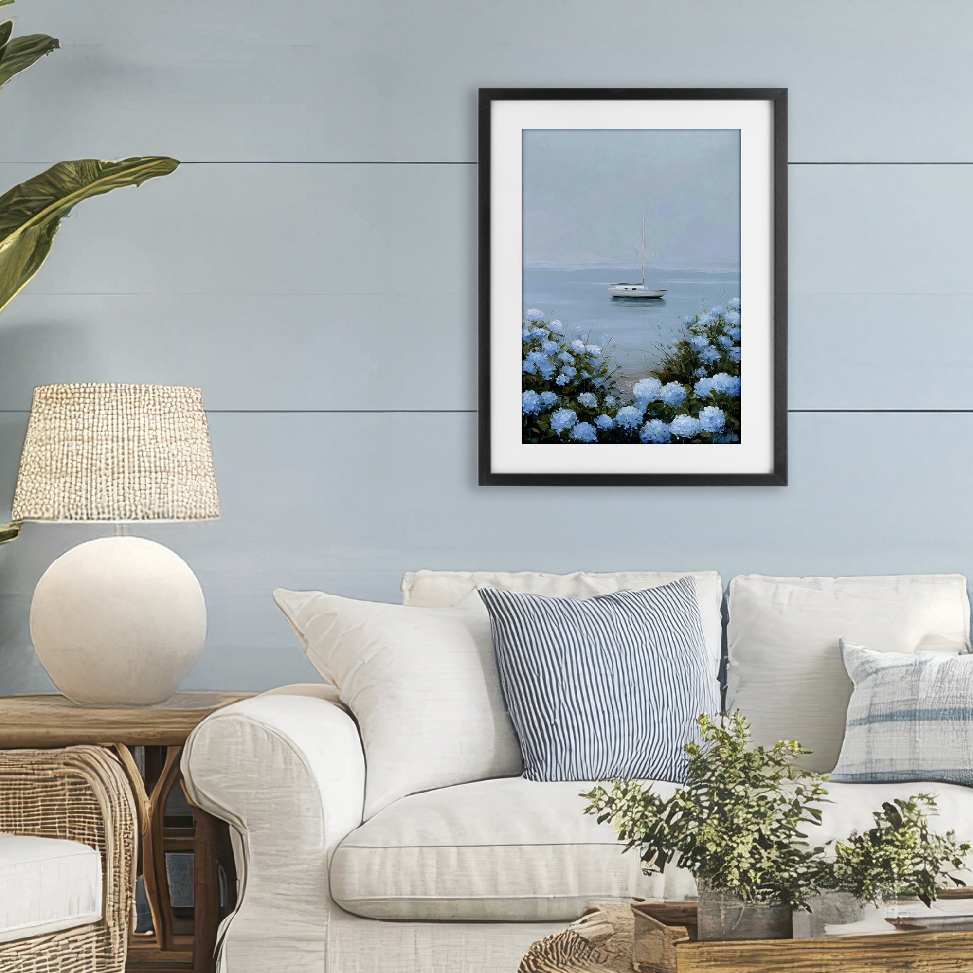 Stupell Industries Yacht in Floral Bay Black Framed Print Under Glass, design by Petal Prints Design