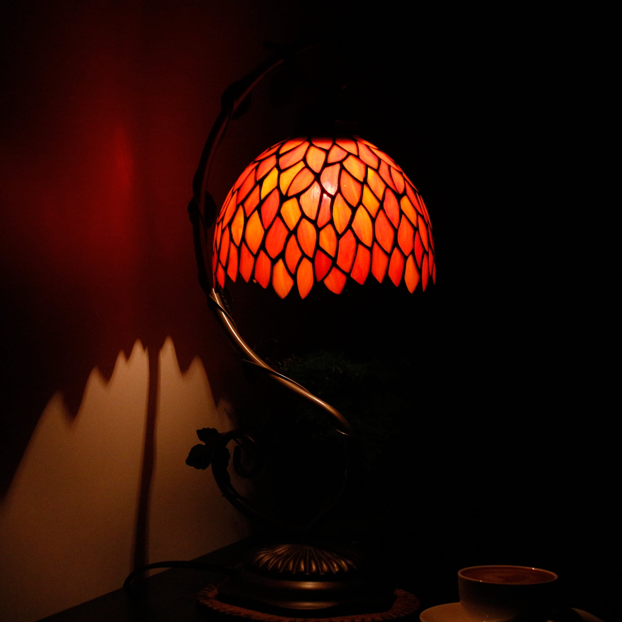Tiffany Lamp Bedside Lamp, Stained Glass Table Lamp, Thin Antique Banker Reading Desk Light Red Wisteria Style 21" Tall Industrial Rustic Metal Leaf Base, Memory Sympathy WERFACTORY LED Bulb Included