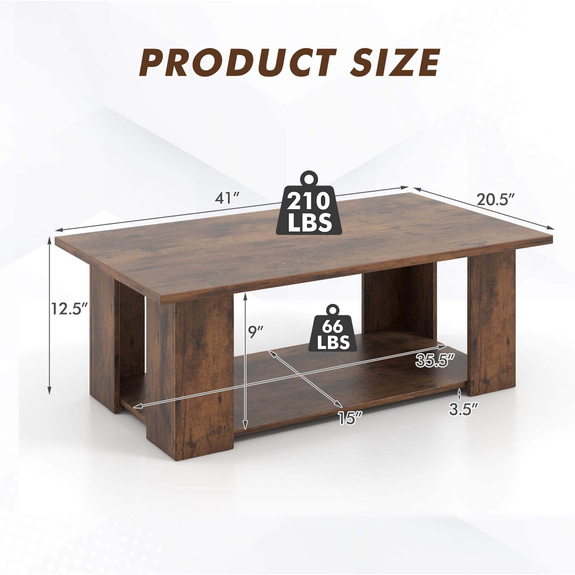 Costway Coffee Table 2-Tier Modern Center Cocktail Table with Storage Shelf for Living Room Brown