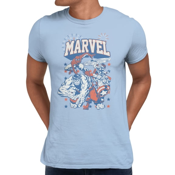 Marvel Comics Retro Men's Avengers Star Spangled Heroes T Shirt (Light Blue, S-XXL)