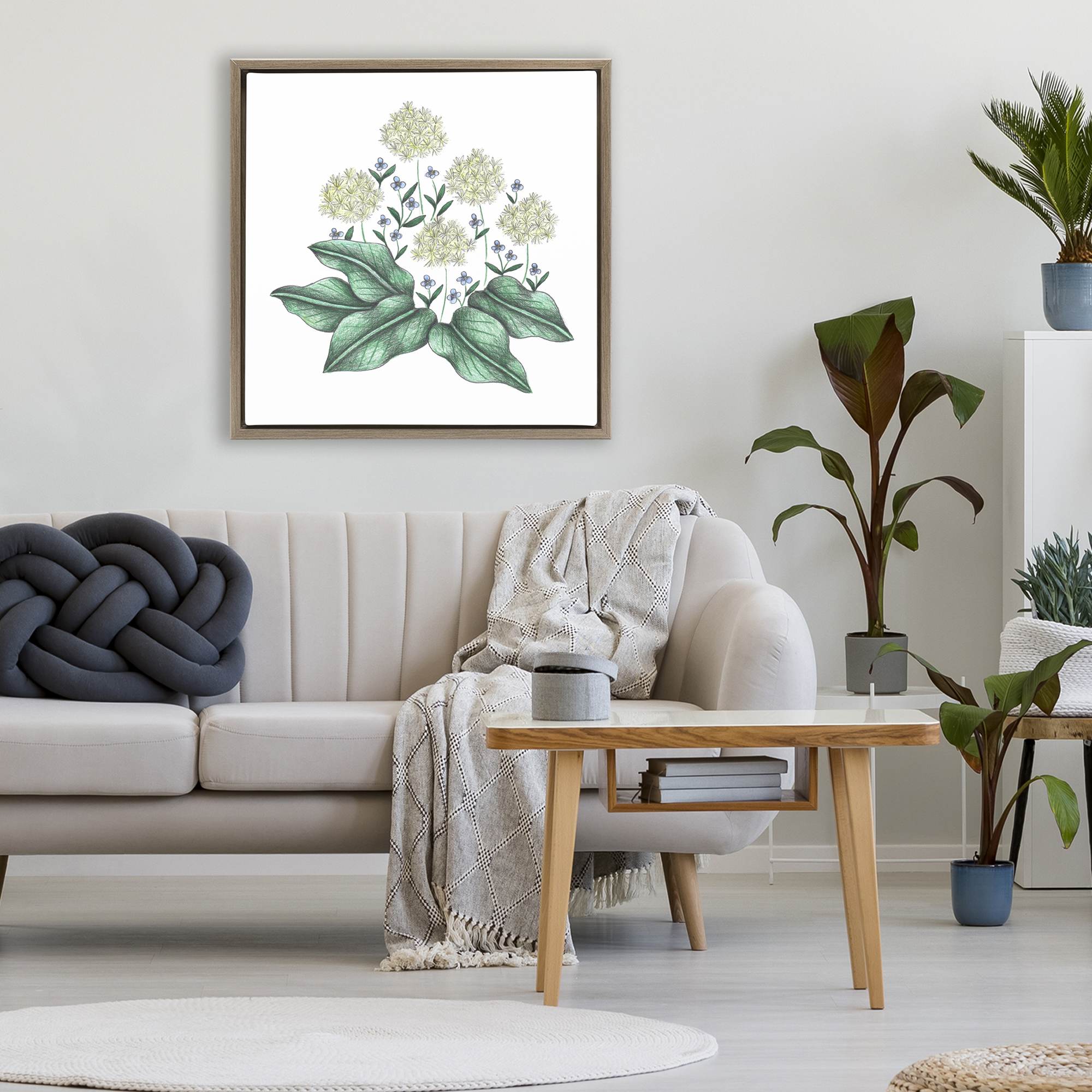 Hello Wildflower Vintage Sketch Brown Framed Floater Canvas Wall Art, design by Cecilia Battaini