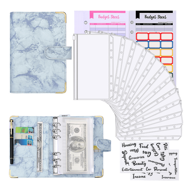 Graflsoa A6 PU Leather Budget Planner with 12 Colorful Sheets, Zipper Pockets, and Stickers - Blue Marble Design