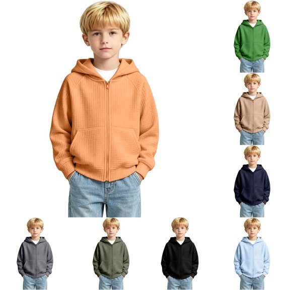 WhouRiu Boys Casual Zip Up Hoodies Solid Color Knit Ribbed Long Sleeve Hooded Sweatshirt With Pockets Kids Autumn Cozy Cute Sweatshirts,9-10 Years