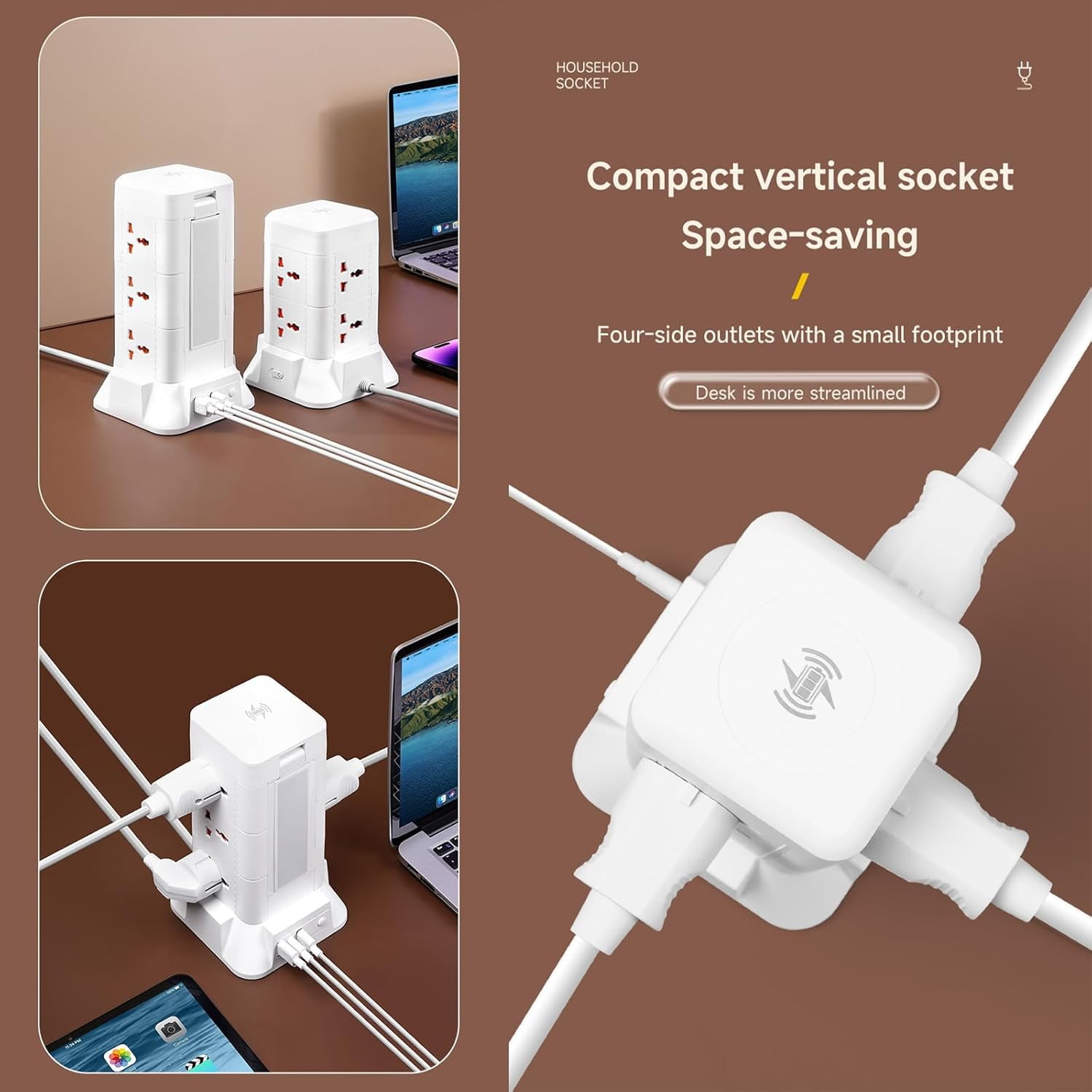 Samovi Power Strip Tower with Night Light & Wireless Charger, 9 AC Outlets, 2 USB + 1 Type-C Port, 6.6ft Extension Cord for Home Office Dorm Room, White
