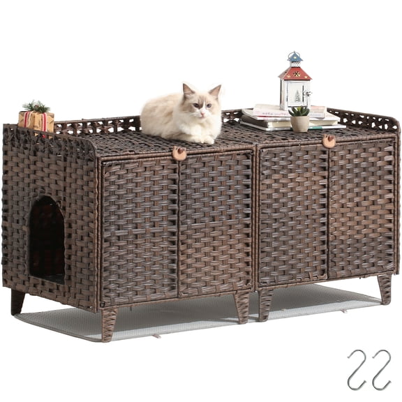 Double Litter Box Enclosure Furniture, Handwoven Rattan Hidden Cat Litter Box for 2 Cats with Washable Mat & Hooks, Coffee Brown