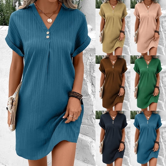 TAGOLD Womens Short Sleeve V-Neck Dress Solid Color Light Fabric Slim Summer Casual Daily Wear