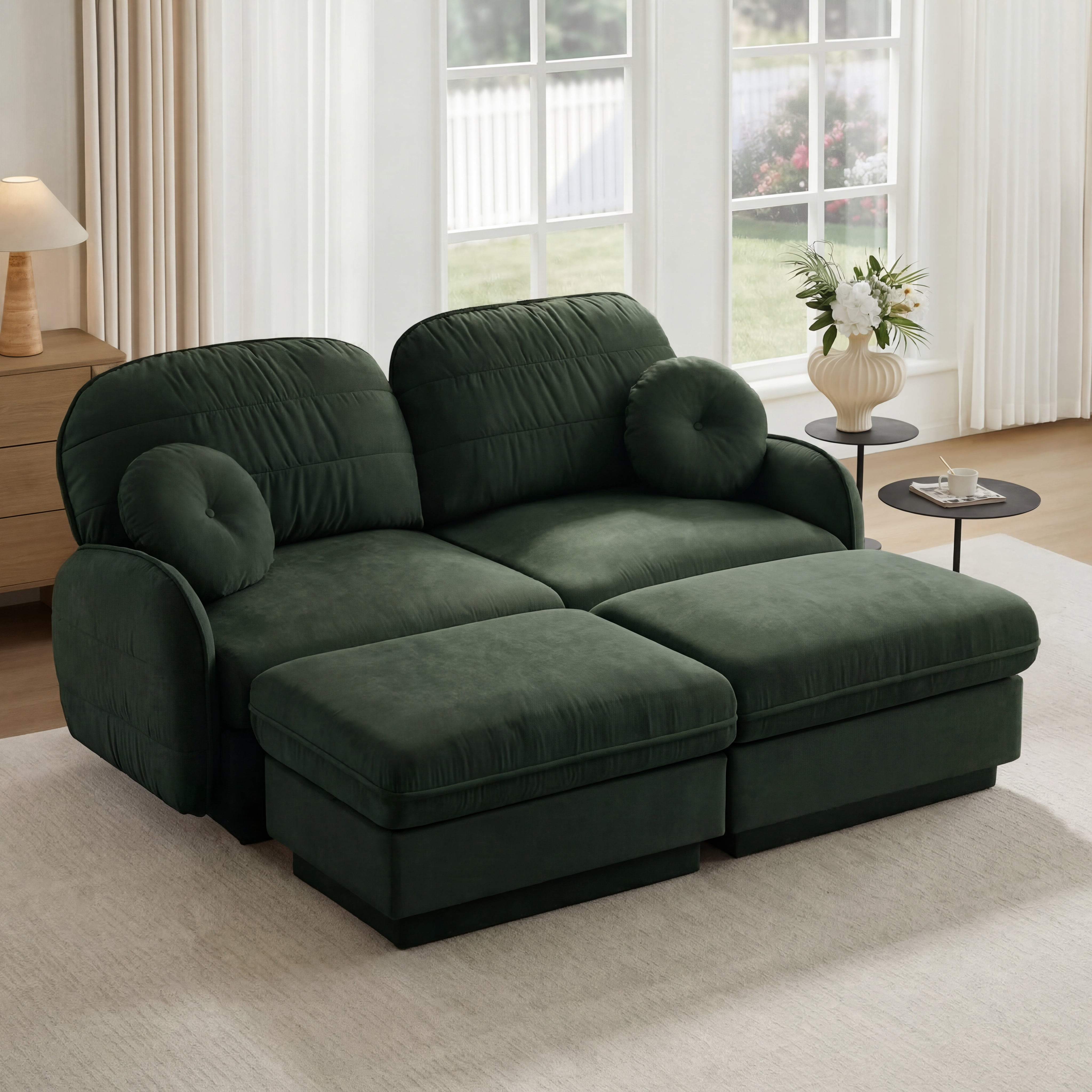 Mintazer Chenille Cloud Loveseat Sofa with 2 Movable Ottoman and Round Pillows, U-Shaped Ergonomic Sofa Couch for Living Room, Bedroom, Green