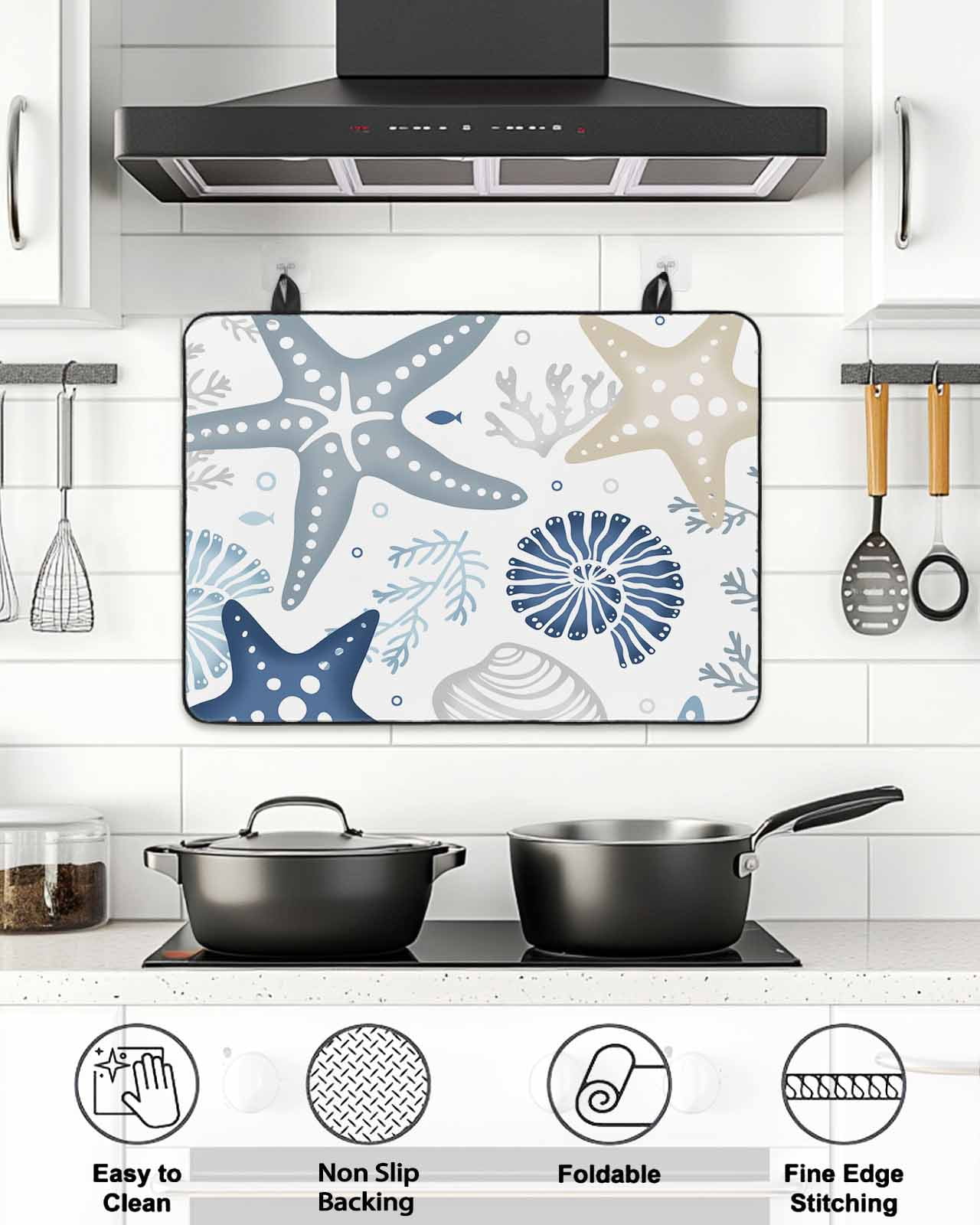 Stove Top Covers for Electric Stove, Blue Starfish Coastal Glass Stovetop Cover Protector, Summer Beach Nautical Coral Sea Induction Cooktop Protector Oven Mat for Kitchen Countertop 24"x21"