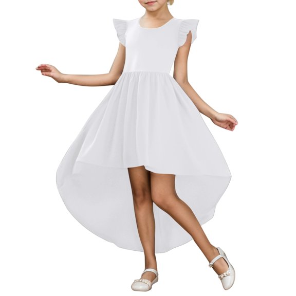 YWOAGH Girls Summer Flapper Sleeve High and Low Formal Dresses Fly Skirt Swing Dress for Special Events White 16Years