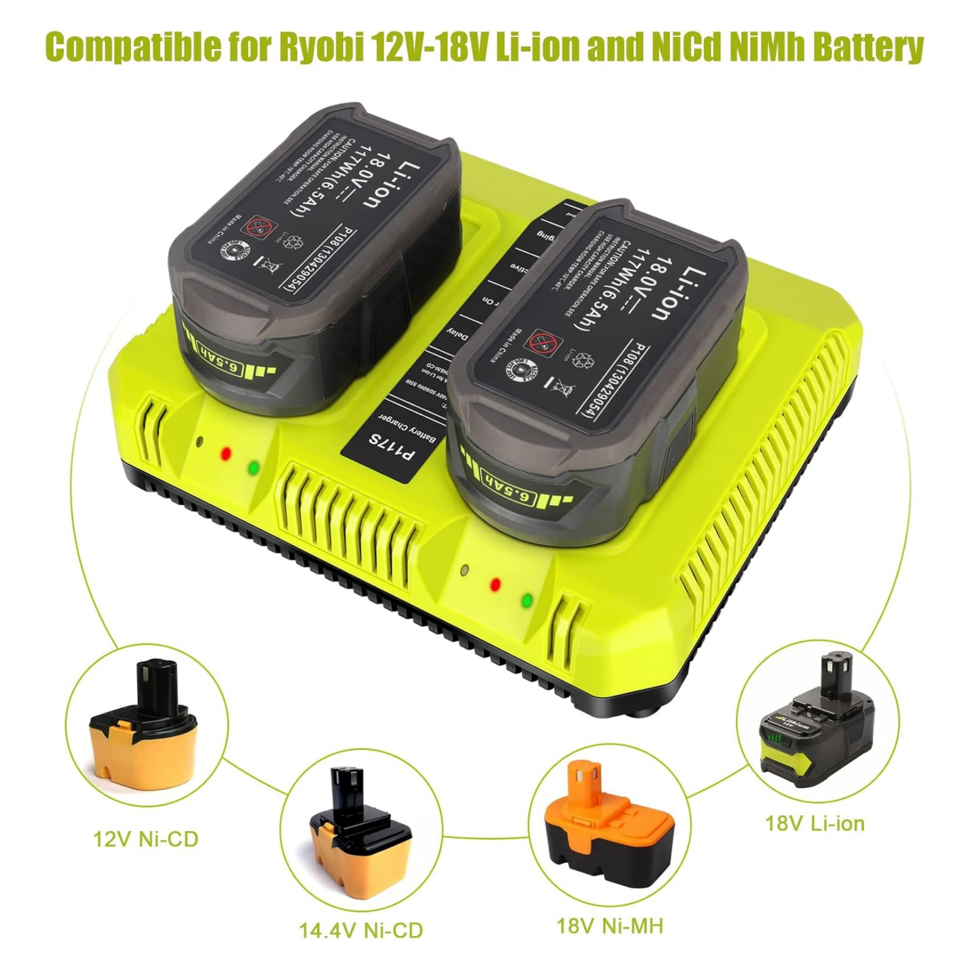 18V Fast Dual Charger for Ryobi 18V ONE+ Lithium Battery P102 P190 P107 P108