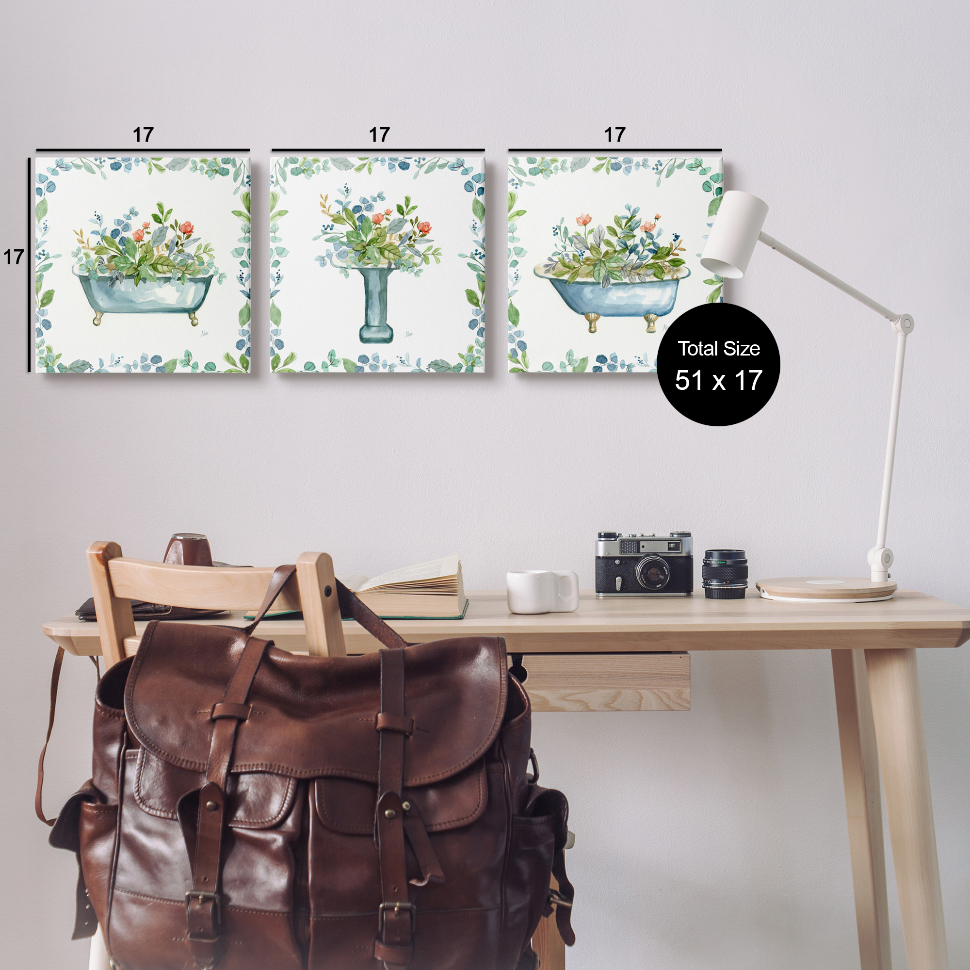 Stupell Industries Watercolor Floral Bathroom Botanical & Floral Painting Gallery Wrapped Canvas Art Print Wall Art, 17 x 17, Set of 3