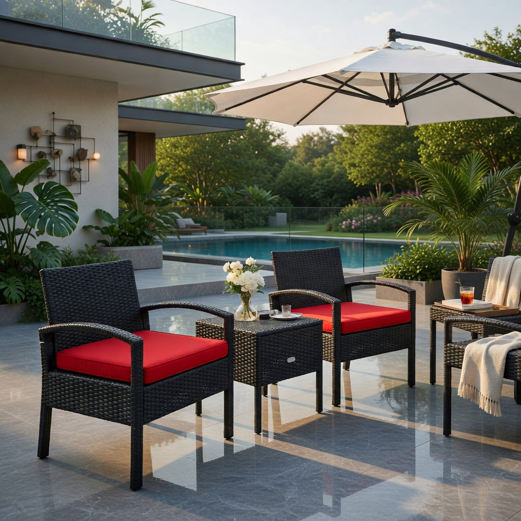 Hommoo 3-Piece Outdoor PE Rattan Patio Sofa Set with Washable Removable Cushions, for Backyard, Balcony, Poolside, Red