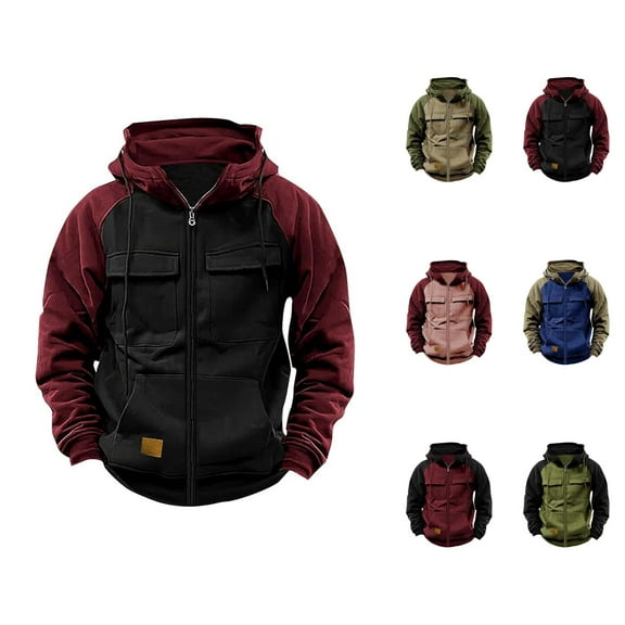 Zip Up Hoodies for Men 2025 Long Sleeve Color Block Hooded Sweatshirt with Pockets Pullover Hoodie Mens Hoodies