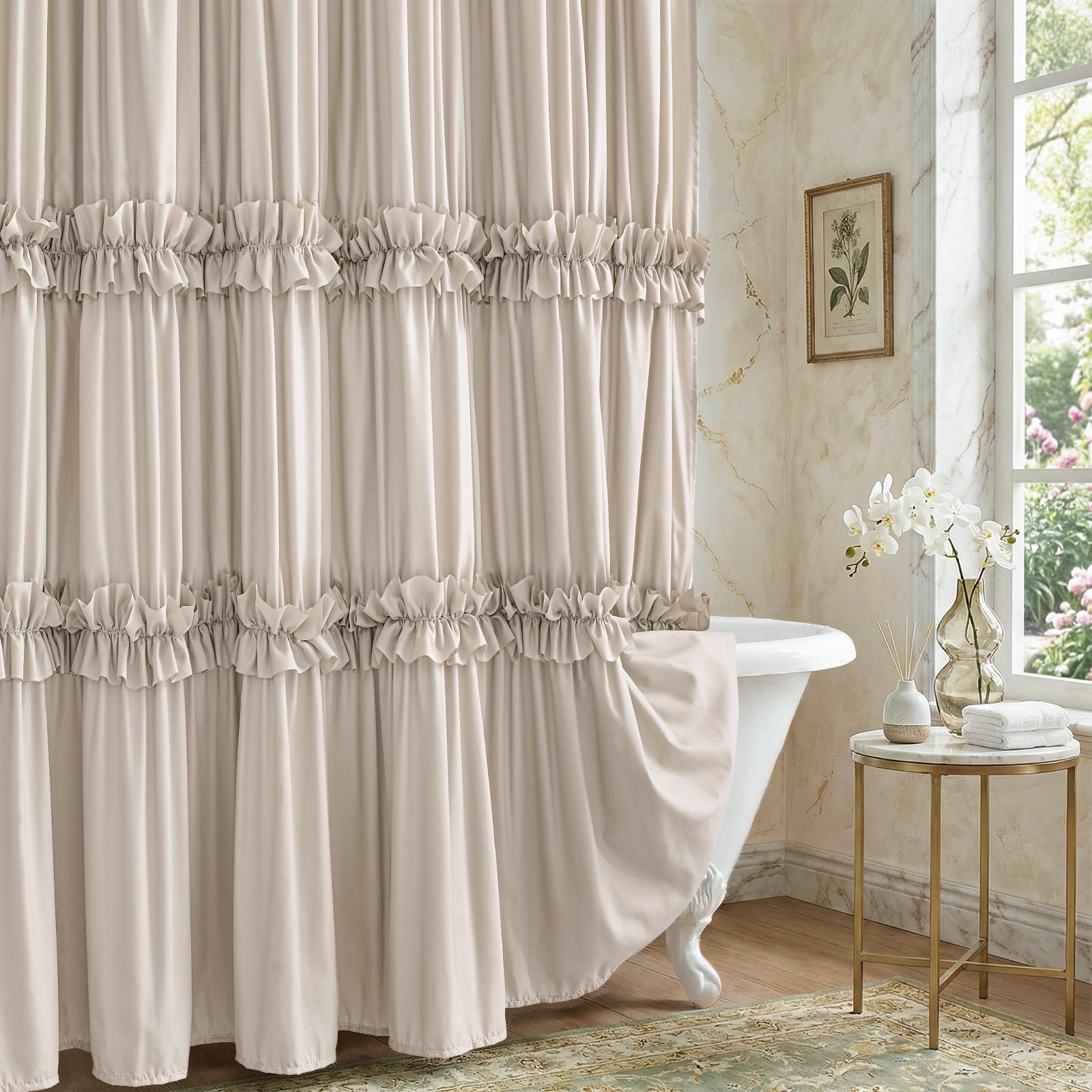 Seasonwood Ruffle Shower Curtain,Tiered Fabric Bathroom Curtain for Farmhouse Decor,Beige,72 x 84 Inch