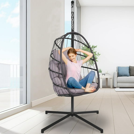 Outdoor Swinging Egg Chair, Patio Wicker Hanging Chairs with Stand, UV Resistant Hammock Chair with Comfortable Gray Cushion, Durable Indoor Swing Egg Chair for Garden, Backyard, 350lbs, L3958
