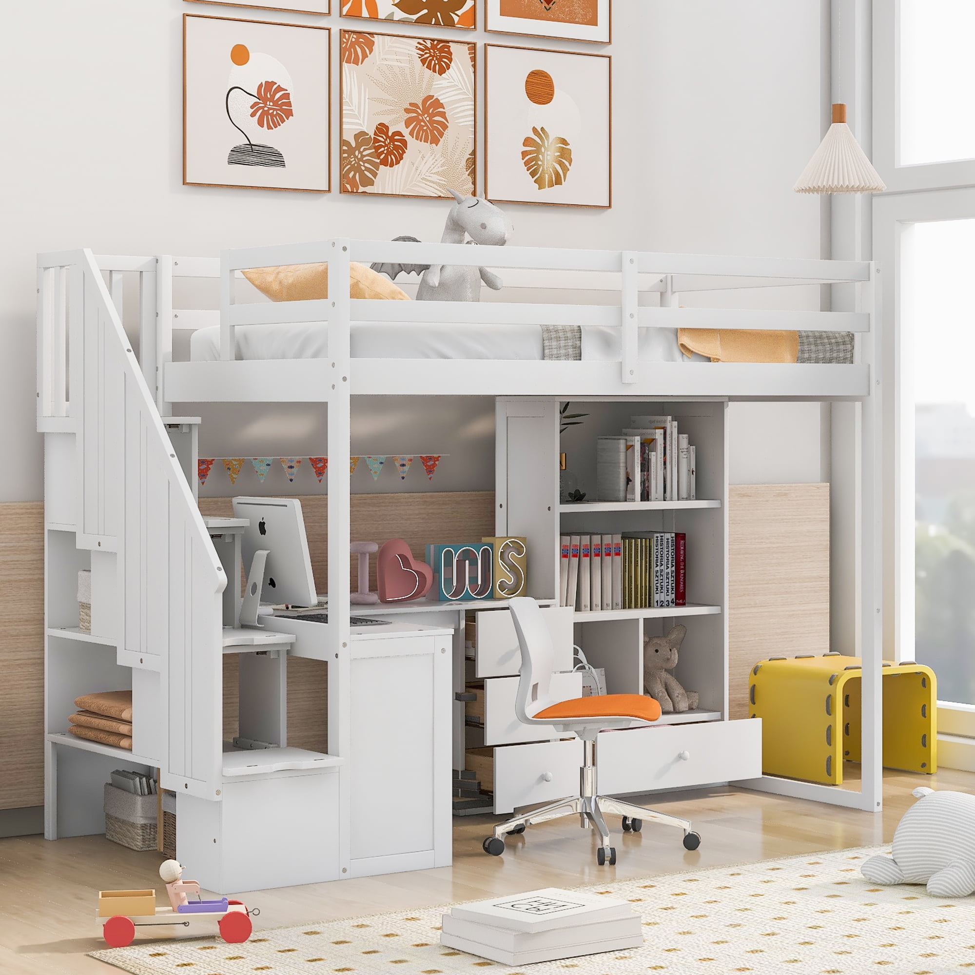 Euroco Wood Twin Size Loft Bed with Storage Cabinet and Desk for Kids, Teens,  White
