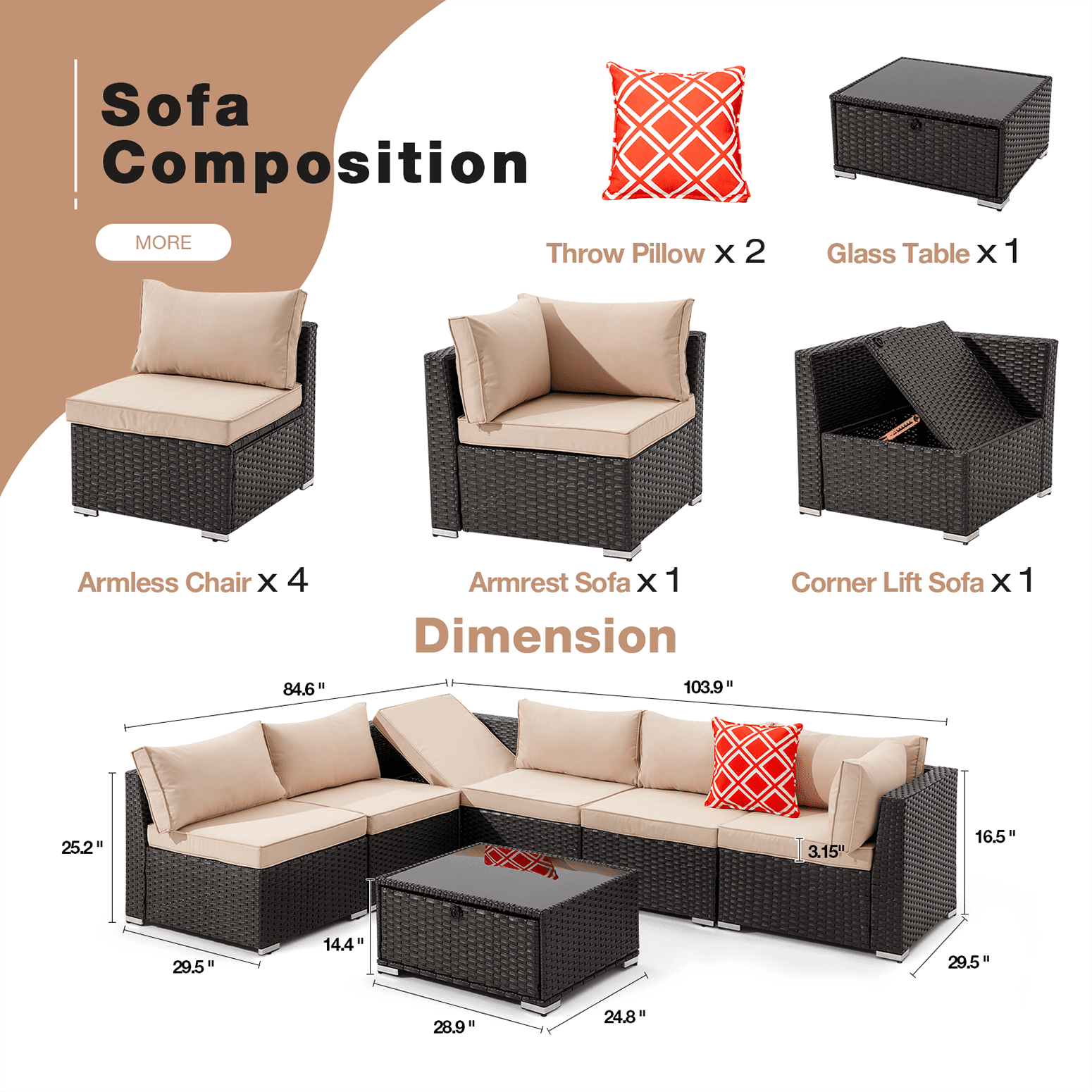Homrest 7 Pieces Outdoor Sectional Sofa, Wicker Conversation Sets, Steel Frame, Khaki