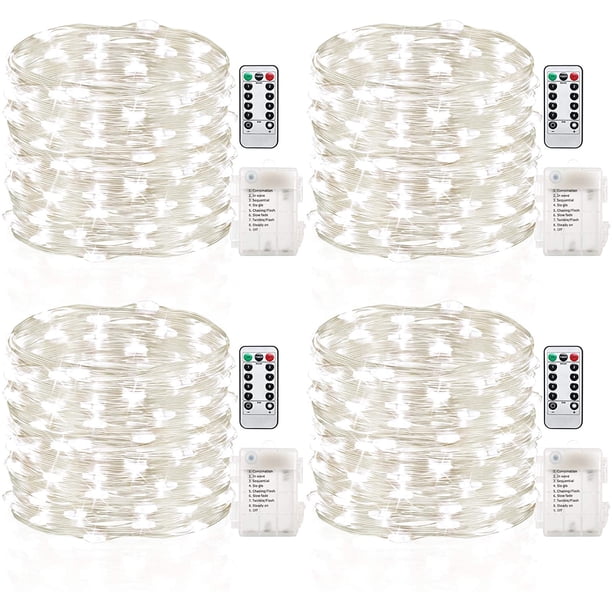 GDEALER Paquete de 4 16.4 pies 50 luces LED de hadas con pilas con control remoto temporizador impermeable alambre de cobre centelleante cadena de luces para Navidad dormitorio interior al aire libre