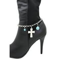 thumbnail image 4 of Women Silver Metal Chain Boot Bracelet Shoe Cross Charm Anklet Turquoise Blue, 4 of 16