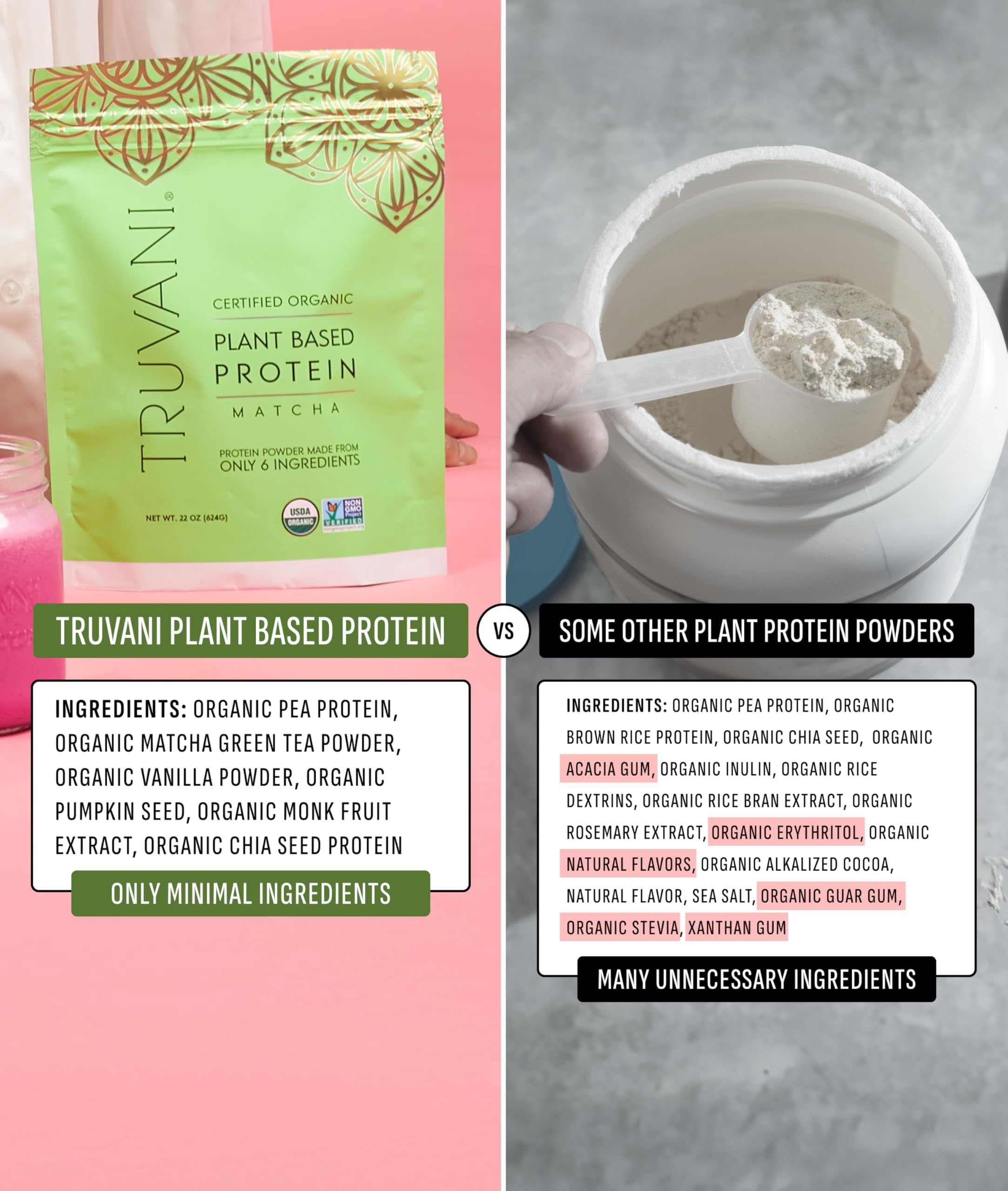 Truvani Vegan Plant Based Pea Protein Powder | Organic | Matcha | 20 Servings | Gluten & Dairy Free