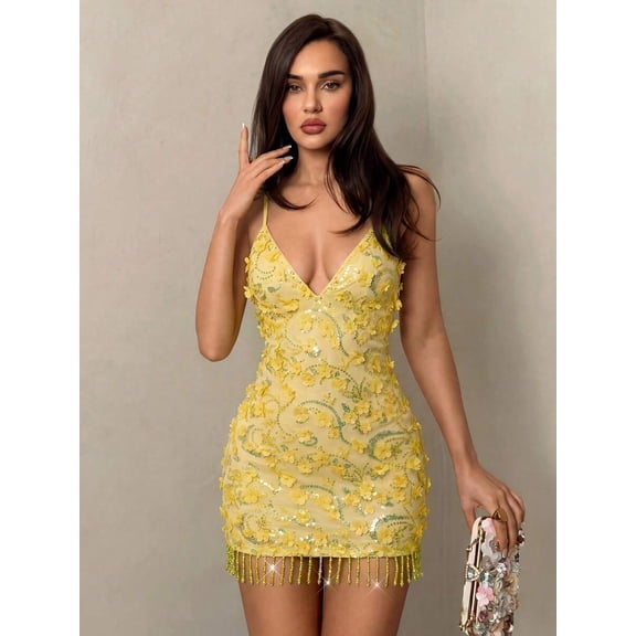 Pale Yellow Floral Sequin V-Neck Mini Dress With Spaghetti Straps And Crystal Fringe Hem