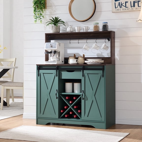 Farmhouse 40'' Coffee Bar Cabinet with Storage Shelf, Rustic Sideboard Buffet Cabinet for Kitchen, Green