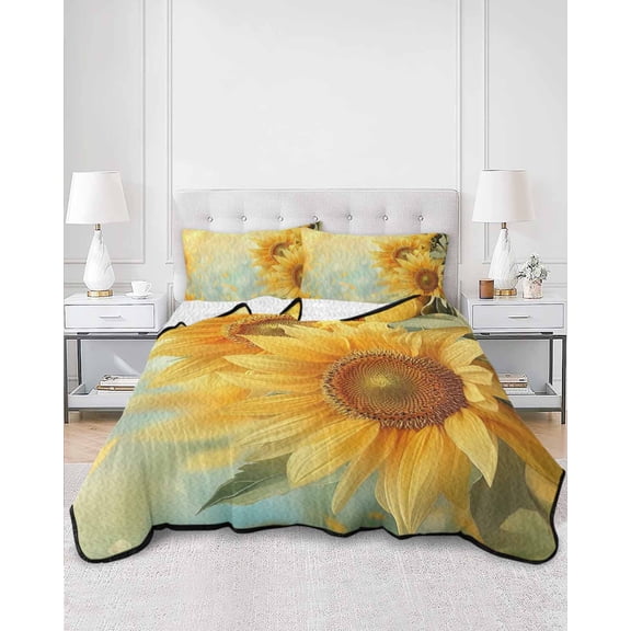 Quilts Full Size, Sunflower Soft Comforter Bedding Set for Bed, Yellow Spring Floral Botanical Lightweight Quilted Bedspread with Pillow Cover(2 Pieces) for All Season, 78x90 Inch