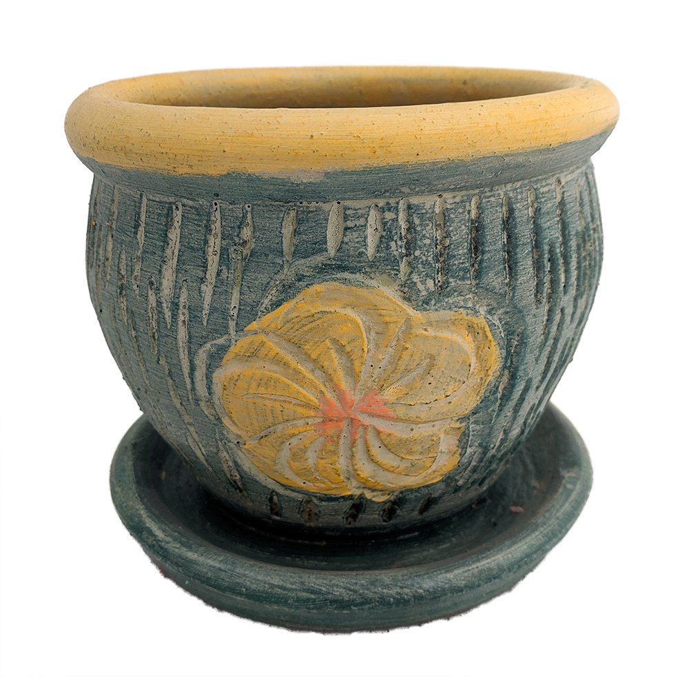 Thai Garden Yellow Flower Ceramic Pot with Attached Saucer 6.75" x 6