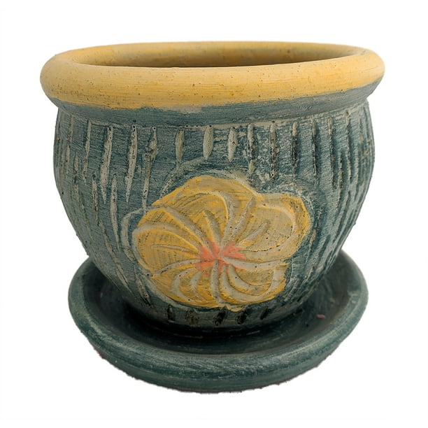 Thai Garden Yellow Flower Ceramic Pot with Attached Saucer 6.75" x 6