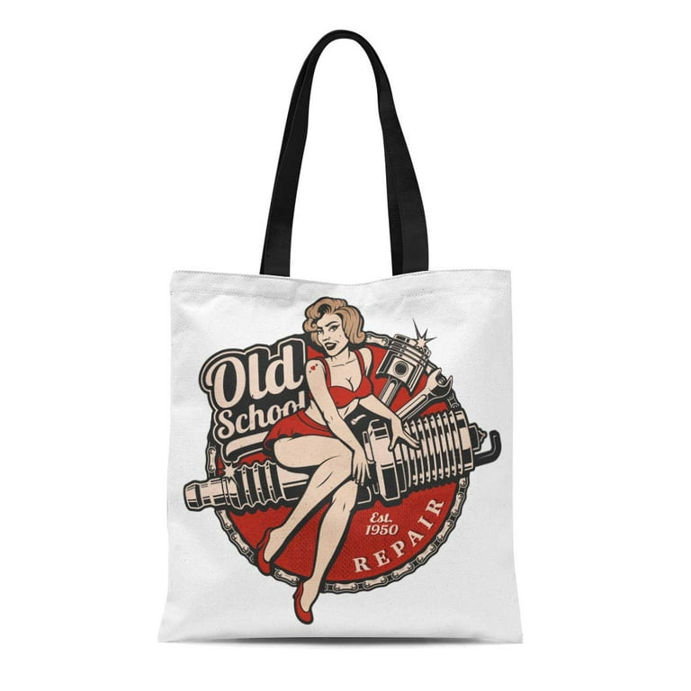 SIDONKU Canvas Tote Bag Spark Plug Pin Up Girl Piston and Wrench Vintage  Durable Reusable Shopping Shoulder Grocery Bag 