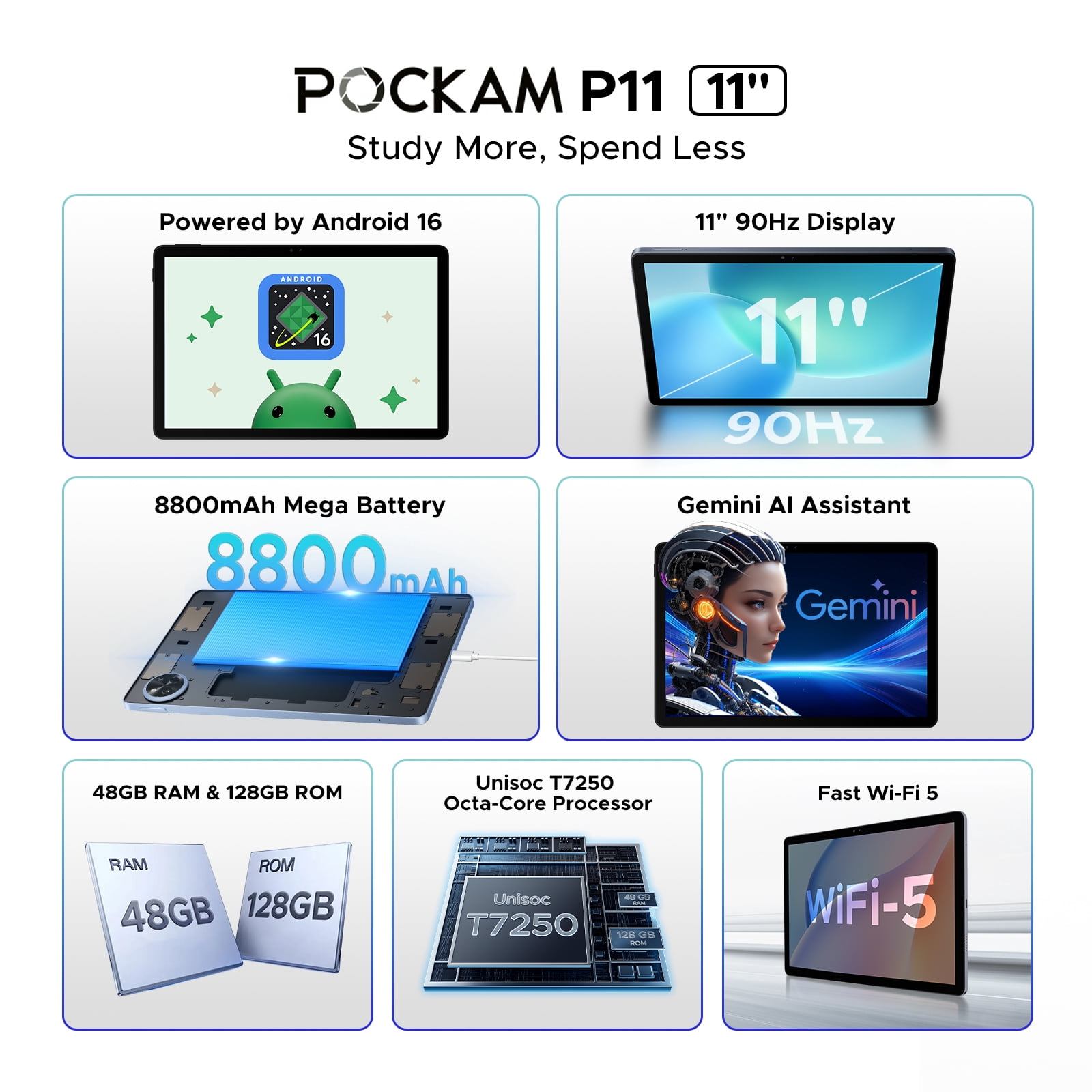 POCKAM P11 Android 16 11 Inch Tablet with Gemini AI, 48GB RAM+