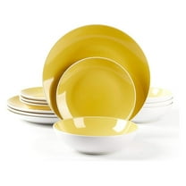 Stoneware Dinnerware Set, 12-Piece Coupe Shape - White Exterior, Yellow Interior - Service for 4, Plates & Bowls