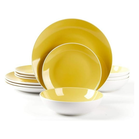 Stoneware Dinnerware Set, 12-Piece Coupe Shape - White Exterior, Yellow Interior - Service for 4, Plates & Bowls