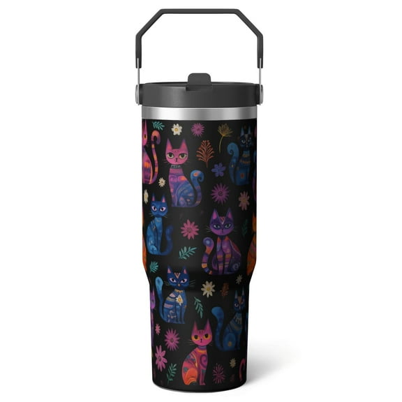 1pc Cat 30oz Tumbler with Straw & Handle - Insulated Stainless Steel Cup | Holiday Gift for Man Women (Christmas, Valentine's, Birthday)