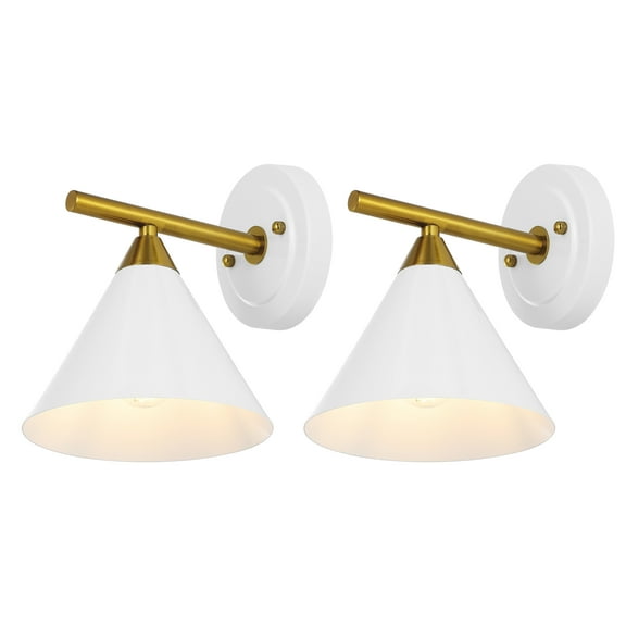 SAFAVIEH Wyanet LED Brass Gold Metal Wall Sconce with White Shade, Set of 2