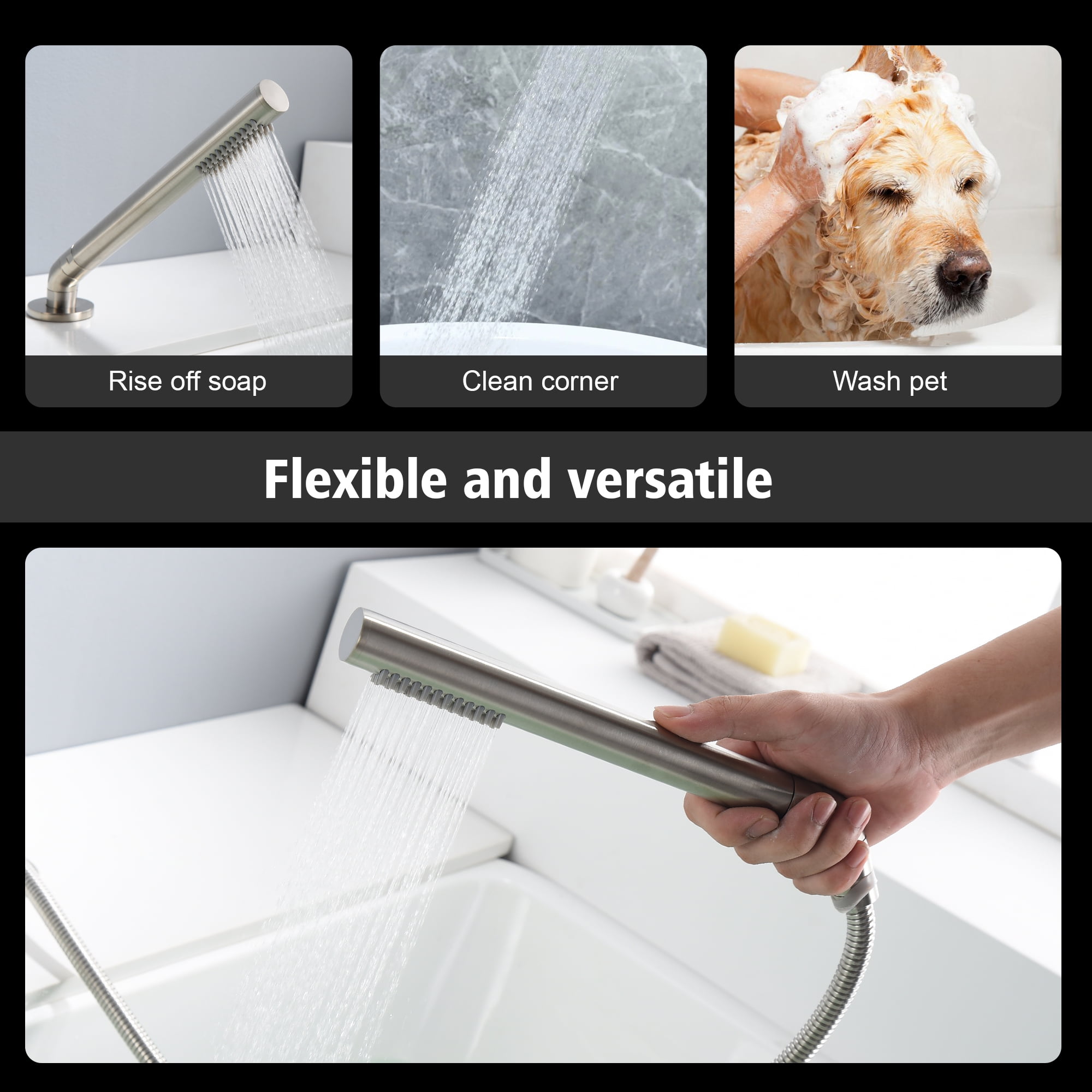 SUMERAIN Brushed Nickel Bathroom Roman Tub Faucet, 3-Hole Deck Mount Waterfall Bathtub Faucet with Hand Shower