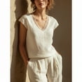 thumbnail image 3 of ClodeEU Women's Spring Summer Cotton Linen Blend Lace Trim V Neck Short Sleeve Relaxed T Shirts White,Womens Plus XL, 3 of 6