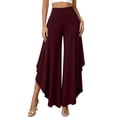 thumbnail image 2 of Karymi Women's Pants High Waist Ruffle Layered Flowy Wide Leg Pants, Solid Elastic Waist Asymmetrical Hem Palazzo Trousers, Elegant Party Vacation Women's Clothing, 2 of 7