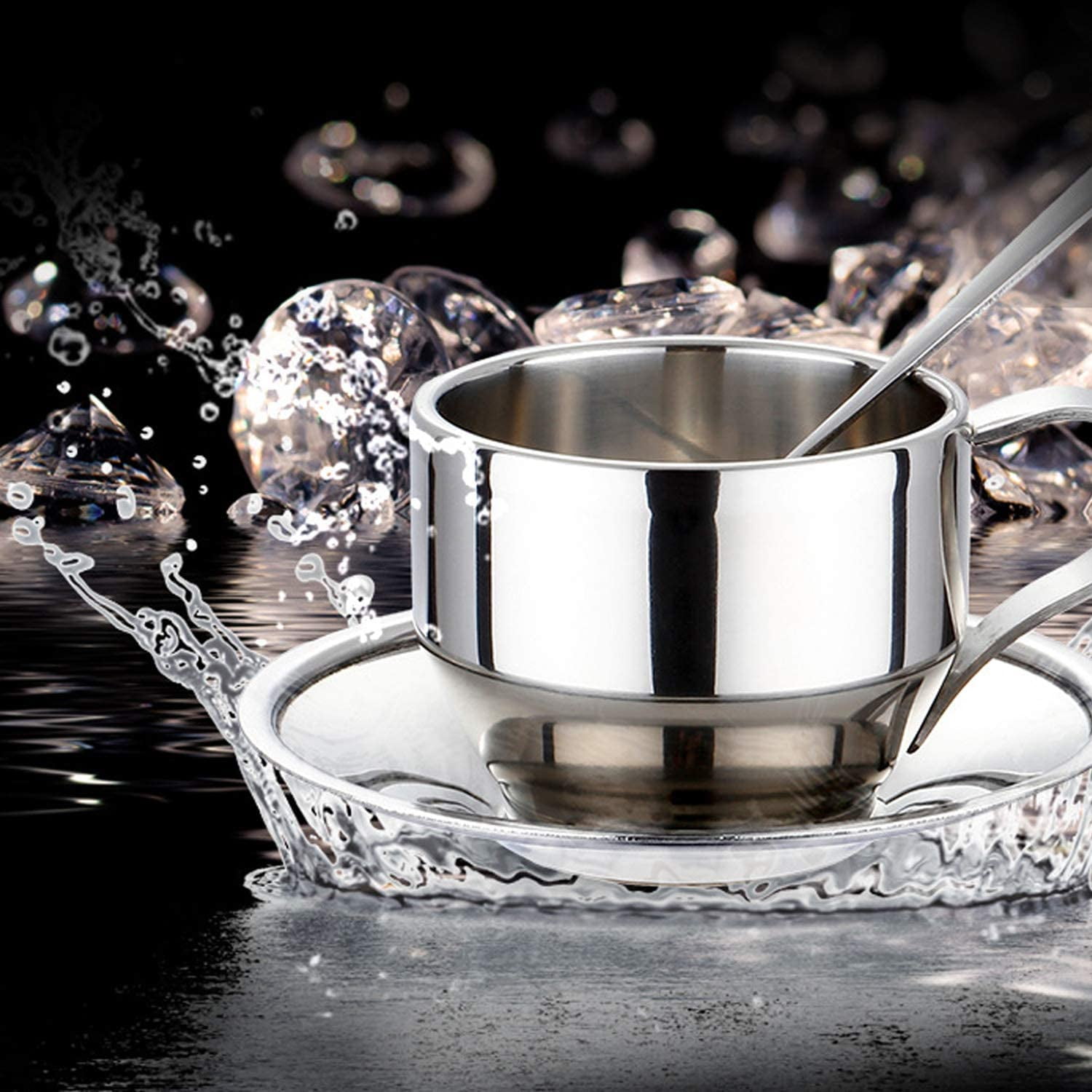Jorunhe 125 mL/4.2 oz Silver Stainless Steel Double Walled Espresso Cup & Saucer Sets Set of 4