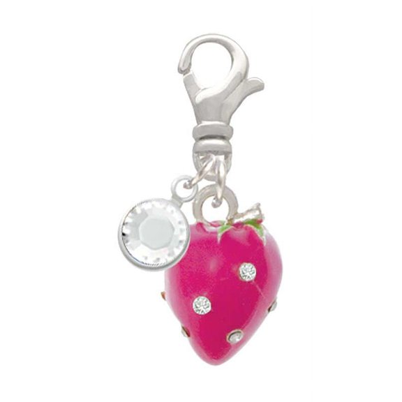 Delight Jewelry Silvertone Large 3-D Hot Pink Strawberry with Crystals - Silvertone Clip on Charm with Clear Crystal Drop